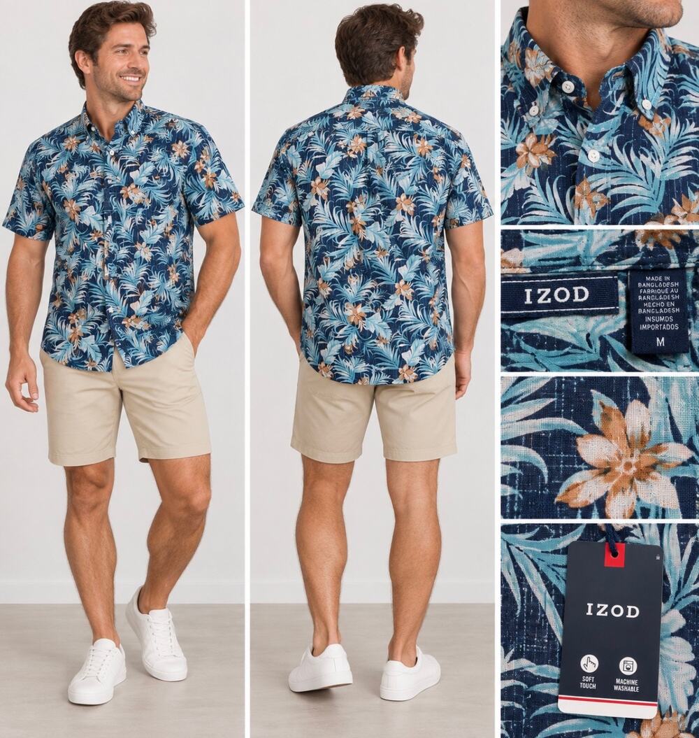 IZOD Men’s Medium Tropical Floral Hawaiian Shirt Blue Short Sleeve NWT boho